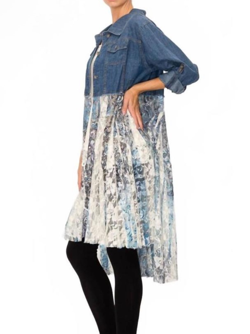 Origami Denim Jacket with Blue Marble Duster Panels - Picture 14 of 15